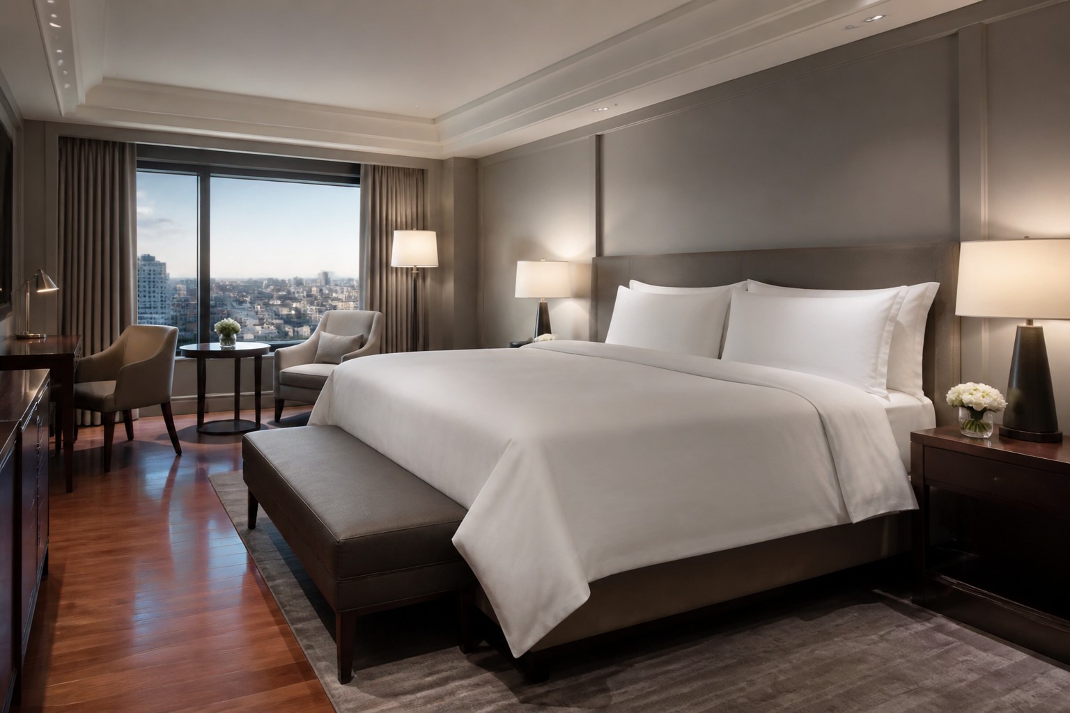 Hotel king bedroom with soft daylight