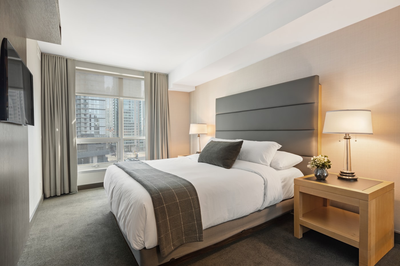 Luxury hotel bedroom with a calm contemporary interior