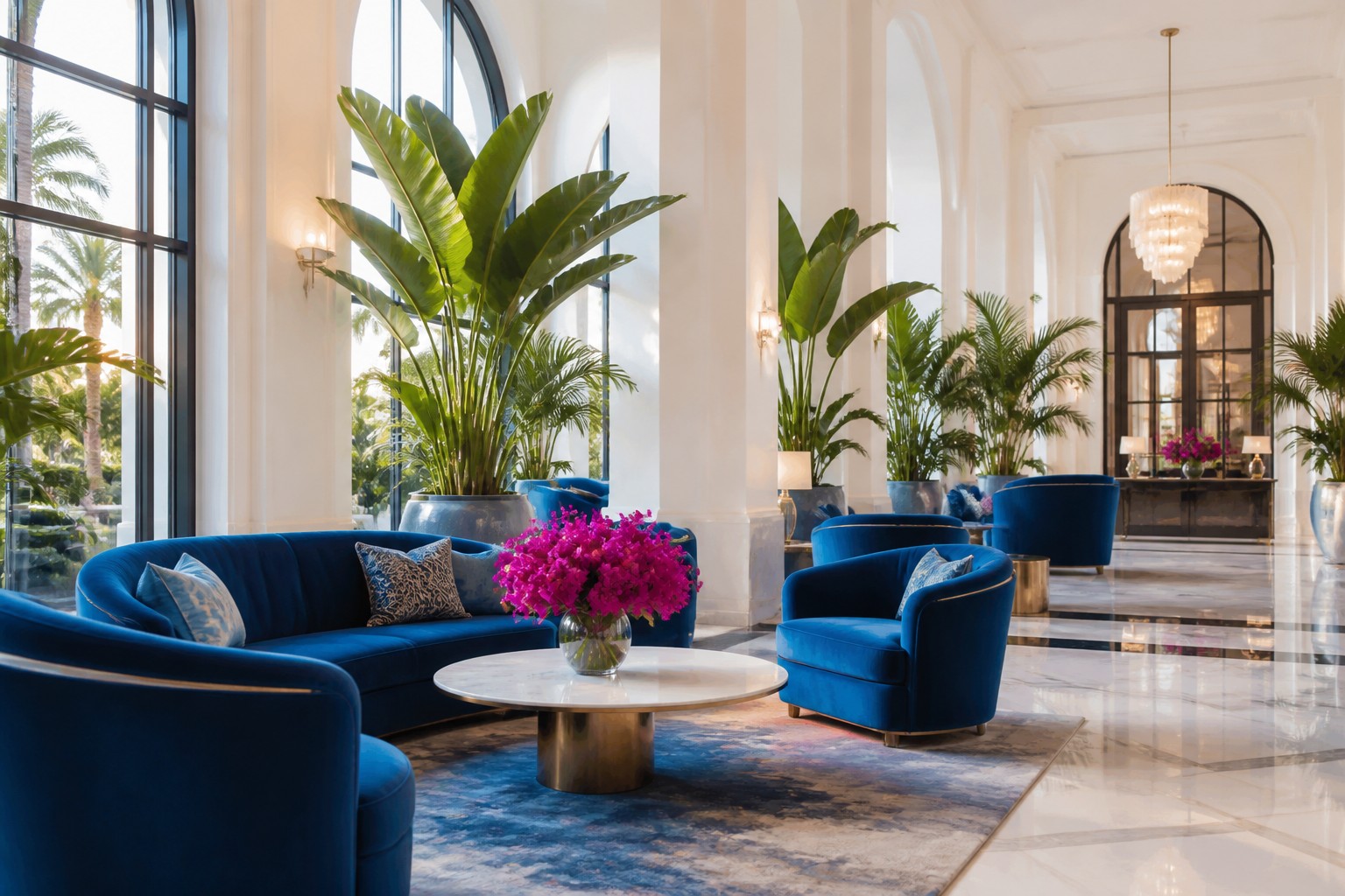 Illustrated botanical hotel lobby